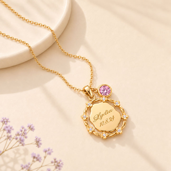 Personalized Girls Floral Name Birthstone Necklace