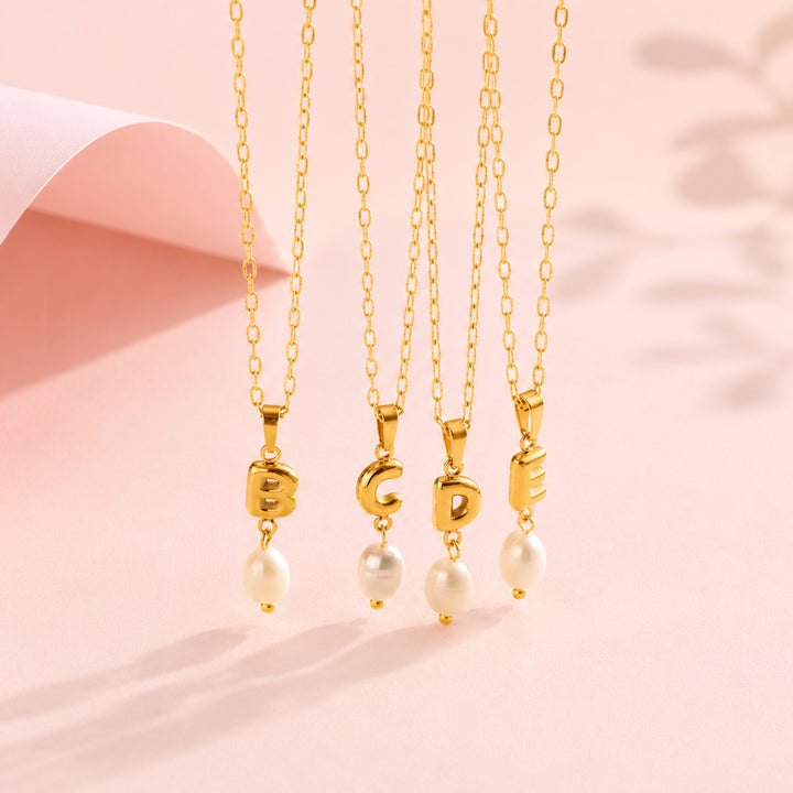 Personalized Girls Initial Necklace with Natural Pearl Pendant