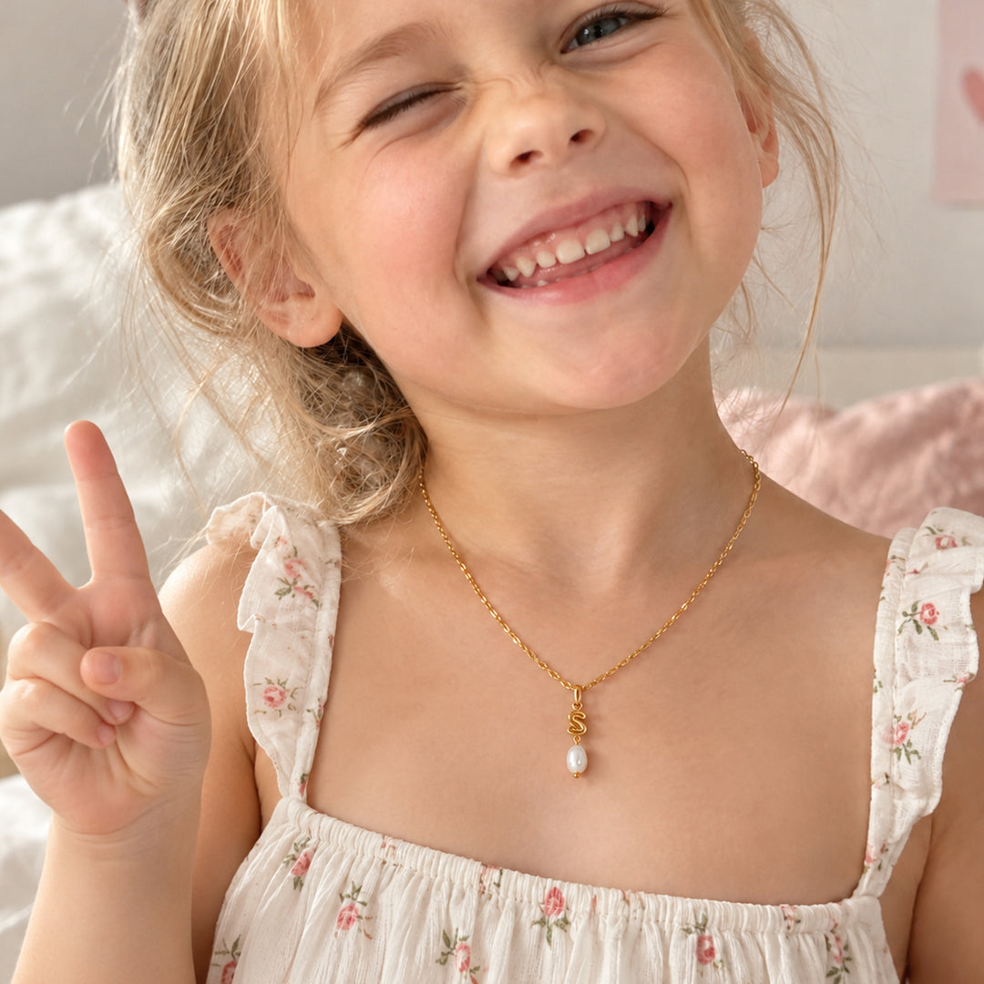 Personalized Girls Initial Necklace with Natural Pearl Pendant