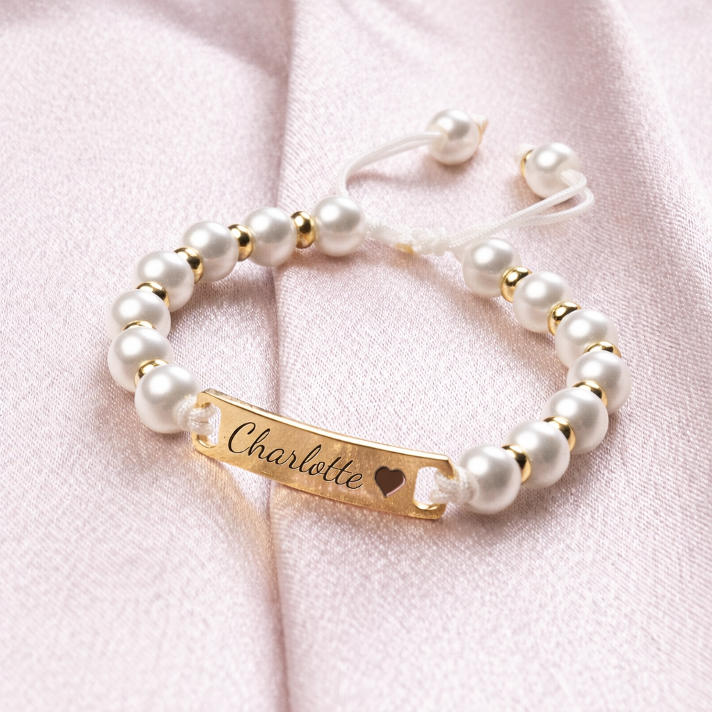 Personalized Handmade Braided Cord Baby Name Pearl Bracelet