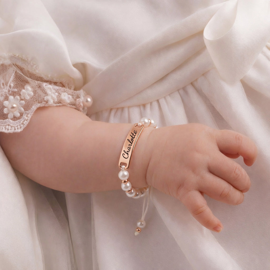Personalized Handmade Braided Cord Baby Name Pearl Bracelet
