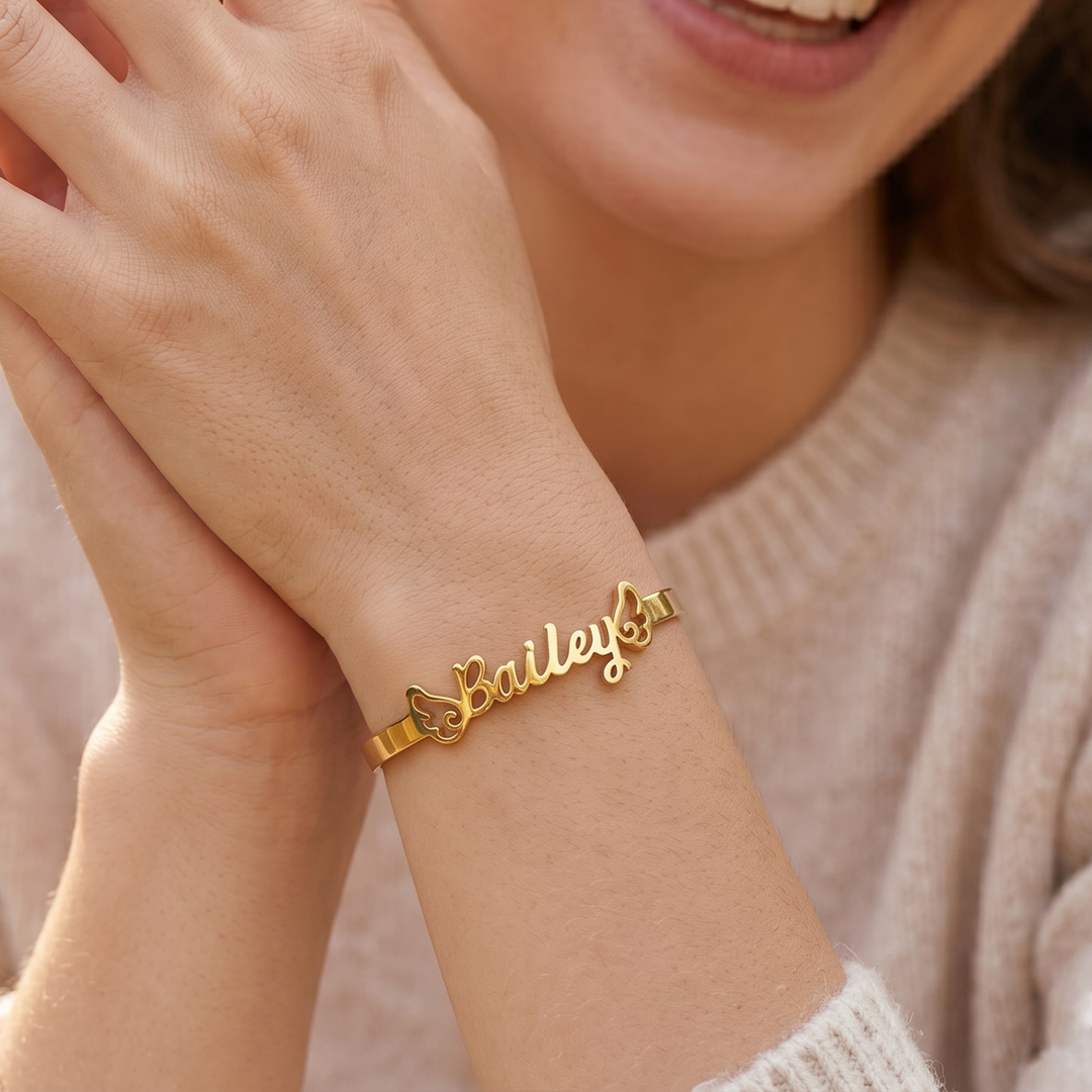 Personalized Baby Name Cuff Bracelet with Angel Wings