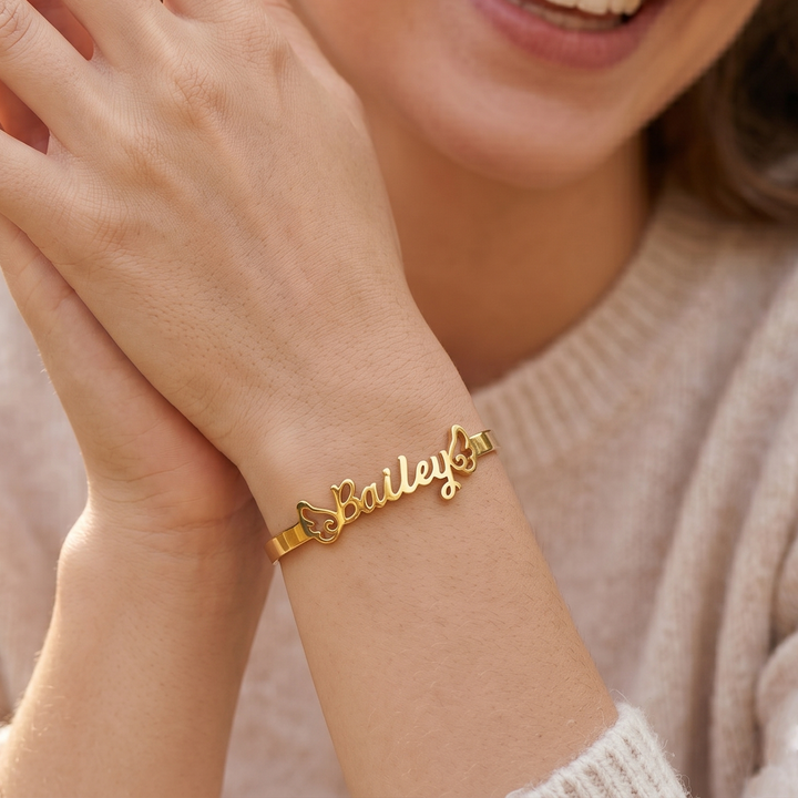 Personalized Baby Name Cuff Bracelet with Angel Wings