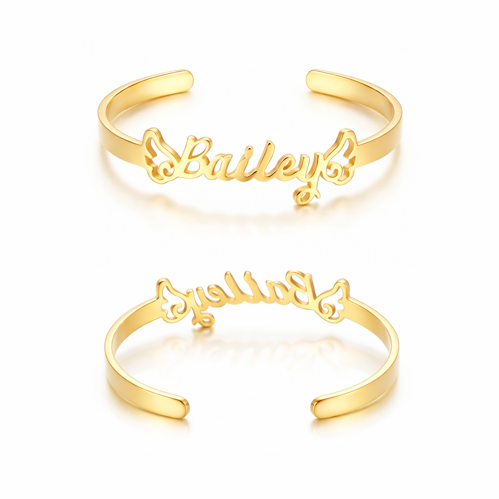 Personalized Baby Name Cuff Bracelet with Angel Wings