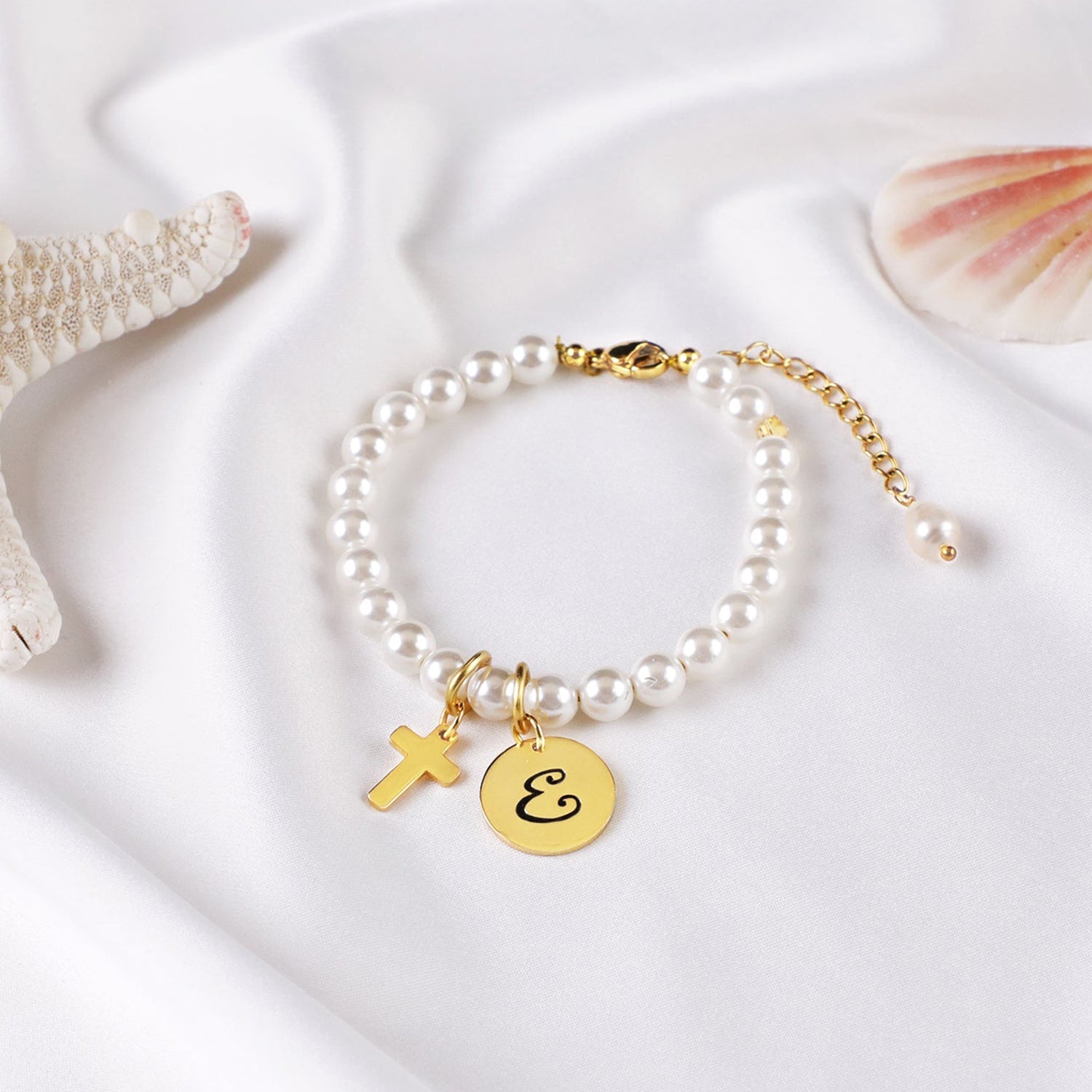 Personalized Childrens Cross and Pearl bracelet with Initial