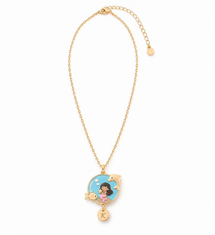 Personalized Mermaid Girl Necklace with Custom Initial Charm