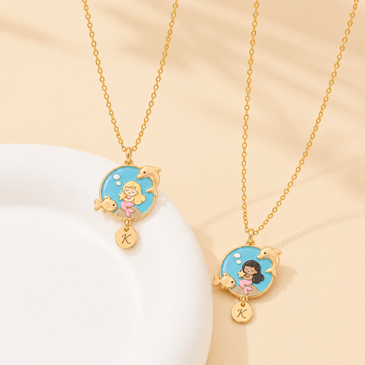 Personalized Mermaid Girl Necklace with Custom Initial Charm