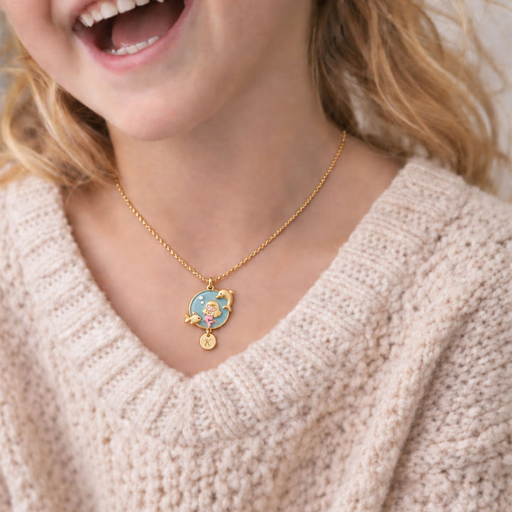 Personalized Mermaid Girl Necklace with Custom Initial Charm