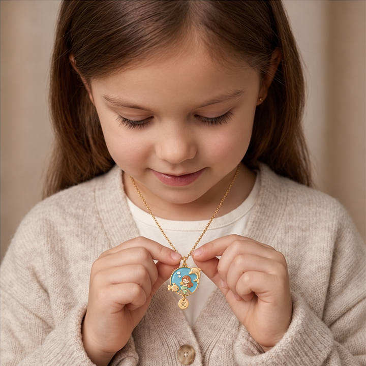 Personalized Mermaid Girl Necklace with Custom Initial Charm