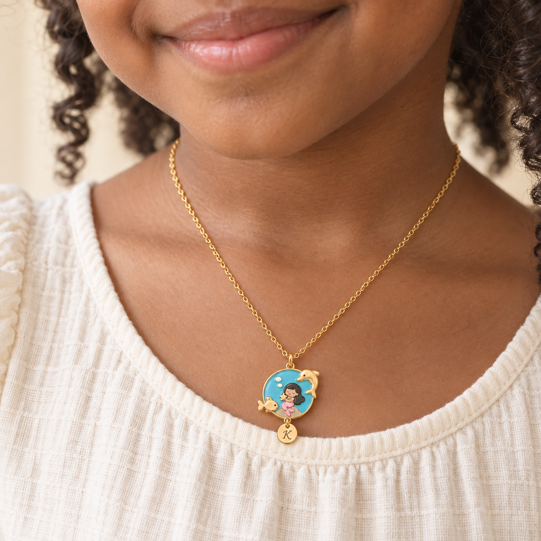 Personalized Mermaid Girl Necklace with Custom Initial Charm