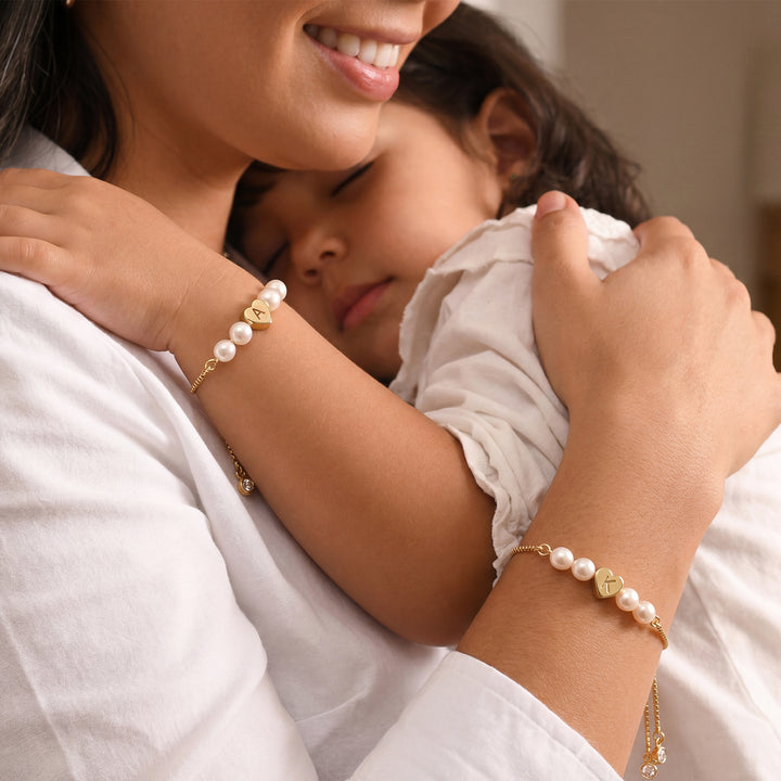 Personalized Mother & Daughter Pearl Heart Bracelet