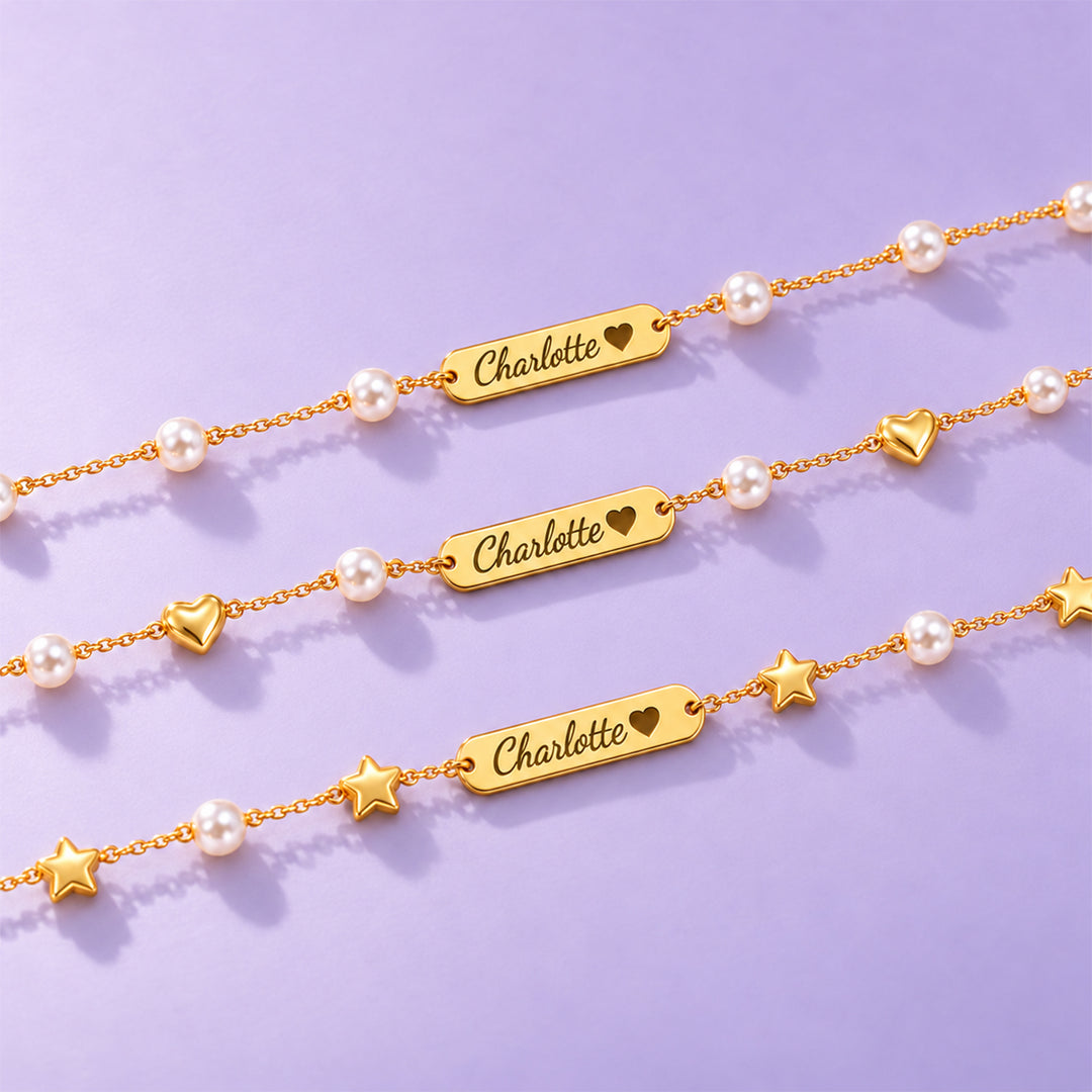 Personalized Name Bar Bracelet with Pearls for Little Girls