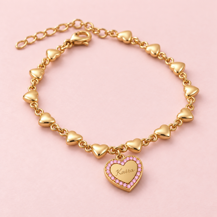 Personalized Name Crystal Heart Charm Bracelet for Little Girls