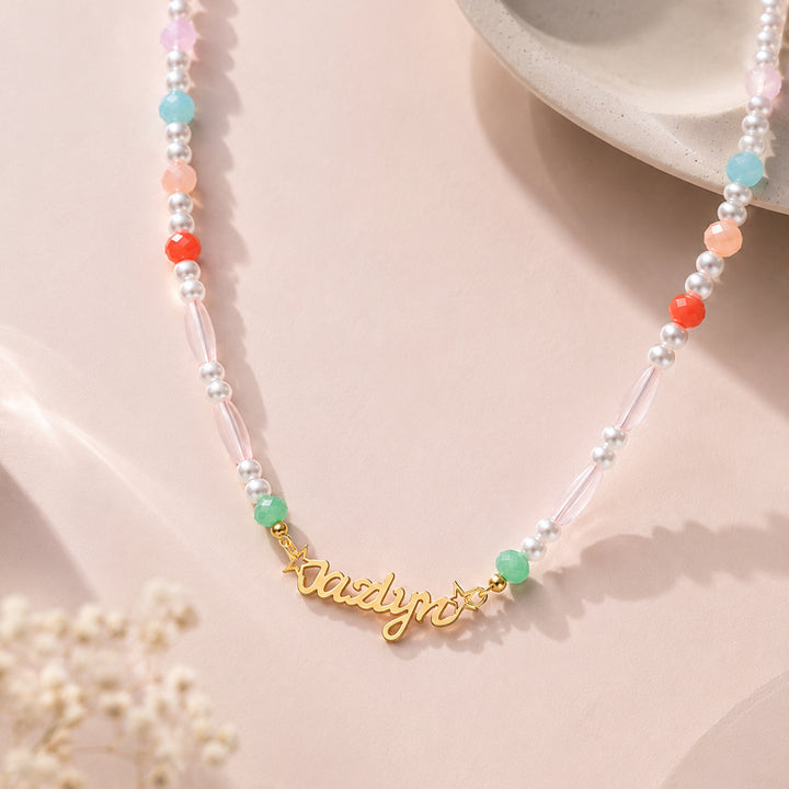 Personalized Pastel Mix Bead Pearl Name Necklace for Little Girls