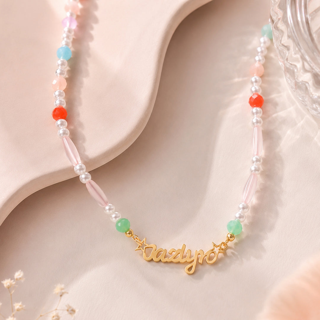 Personalized Pastel Mix Bead Pearl Name Necklace for Little Girls