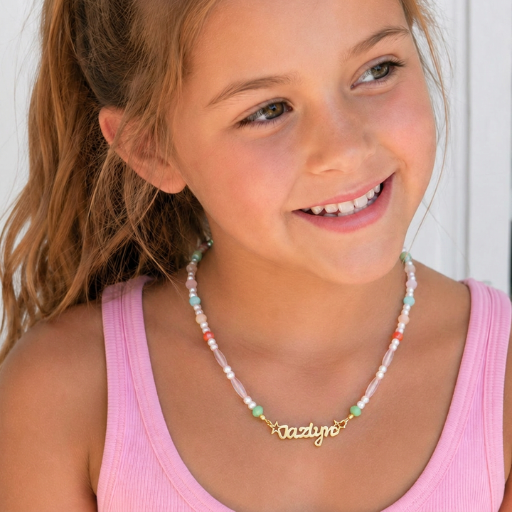 Personalized Pastel Mix Bead Pearl Name Necklace for Little Girls