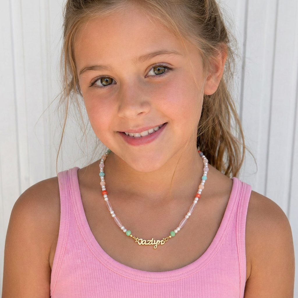 Personalized Pastel Mix Bead Pearl Name Necklace for Little Girls