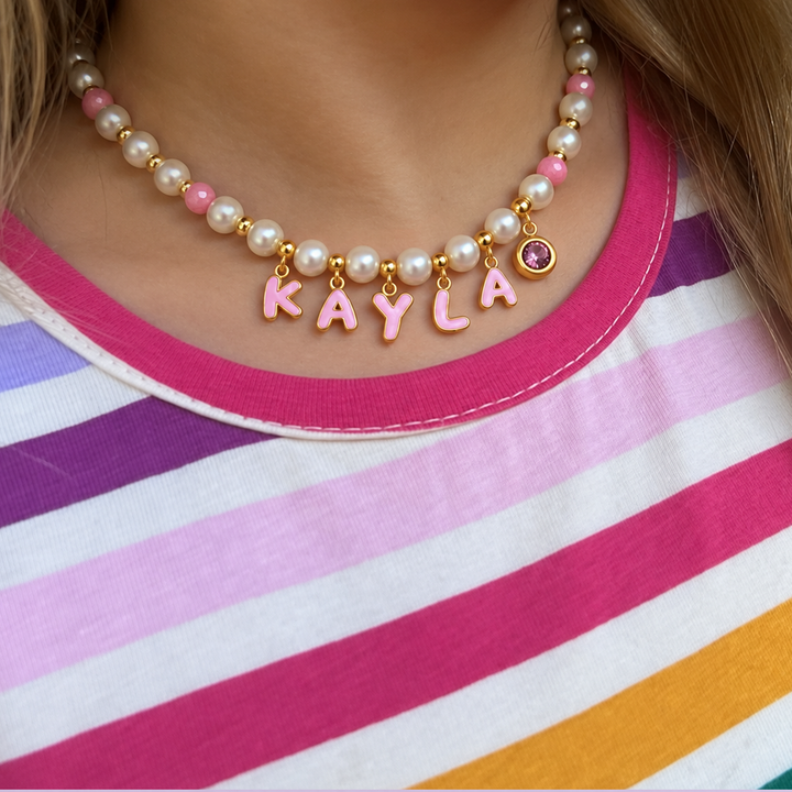 Personalized Pearl Name Necklace with Pink Letter Charms for Girls