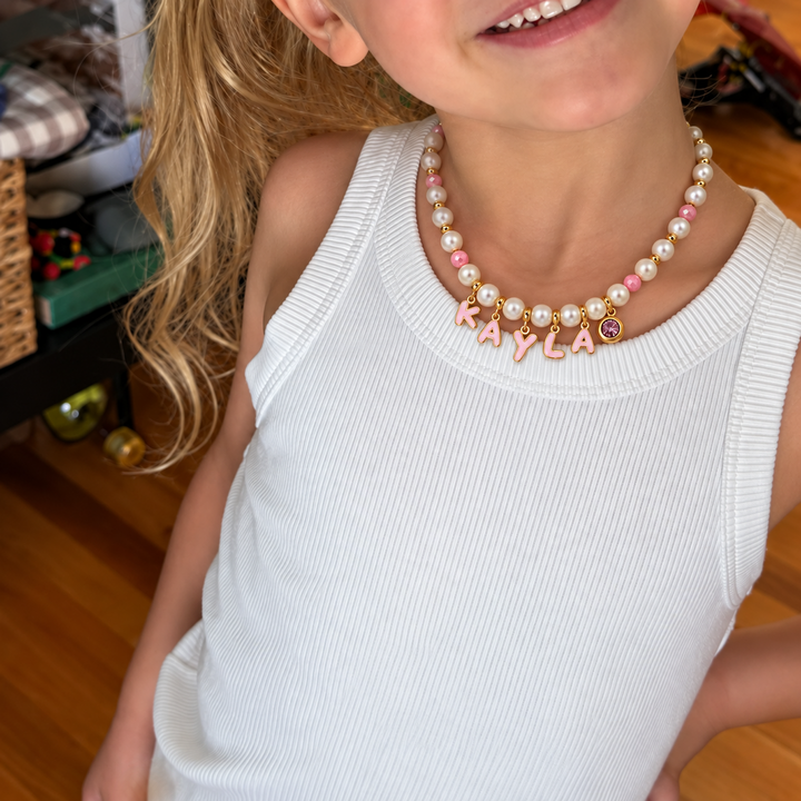 Personalized Pearl Name Necklace with Pink Letter Charms for Girls