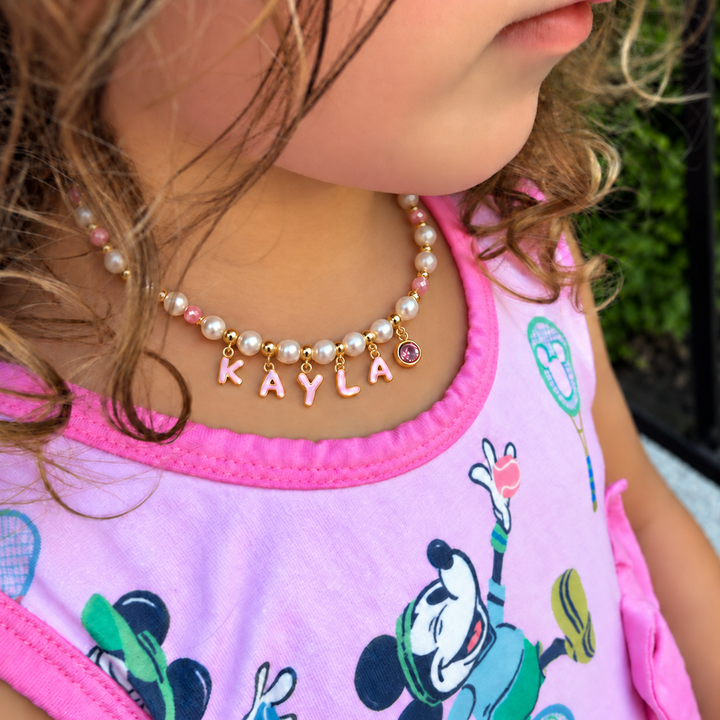 Personalized Pearl Name Necklace with Pink Letter Charms for Girls