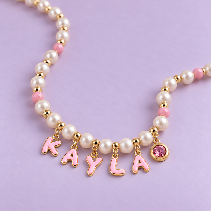 Personalized Pearl Name Necklace with Pink Letter Charms for Girls
