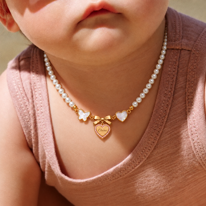 Girls’ Personalized Bow and Heart Pearl Name Necklace