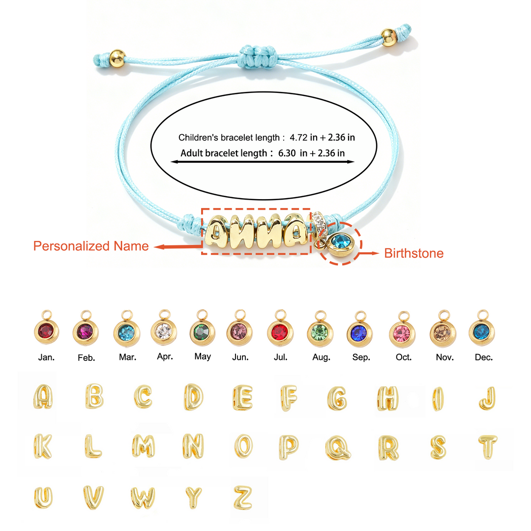 Personalized Balloon Initial Name & Birthstone Rope Bracelet