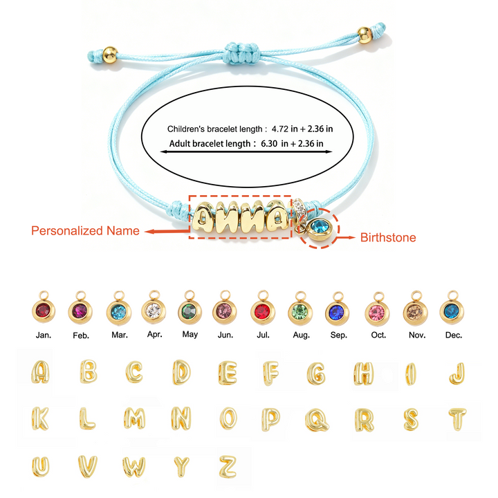 Personalized Balloon Initial Name & Birthstone Rope Bracelet