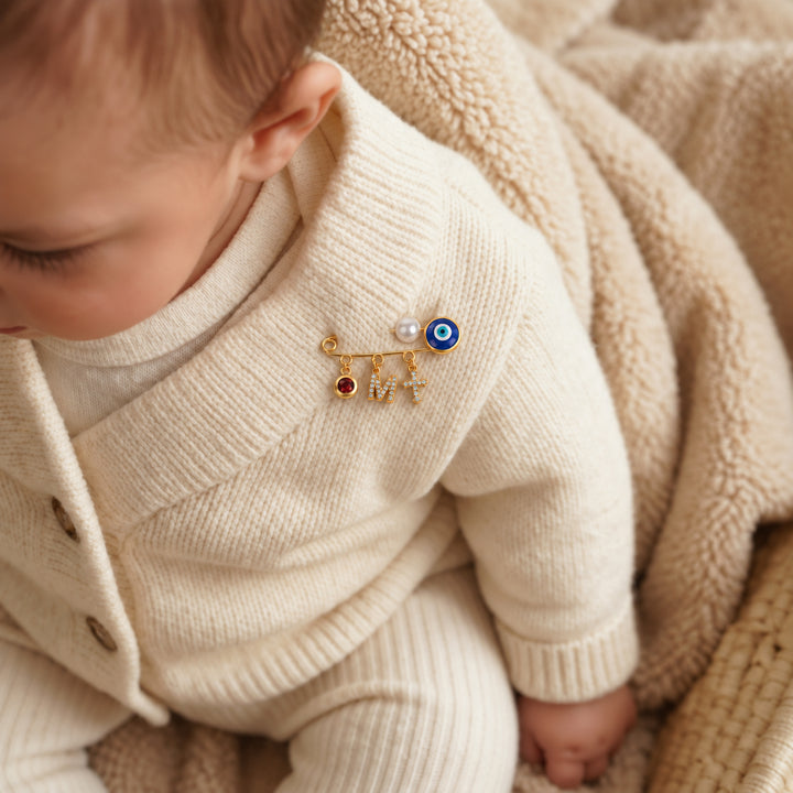 Personalized Baby Initial and Birthstone Evil Eye Brooch