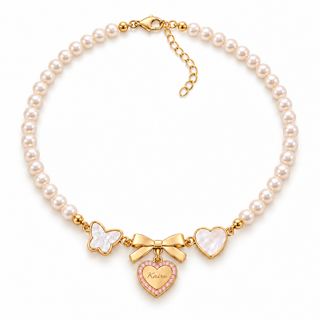 Girls’ Personalized Bow and Heart Pearl Name Necklace