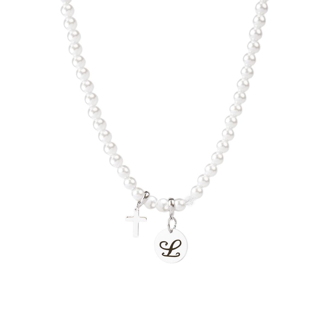Personalized Childrens Cross and Pearl Bracelet with Initial