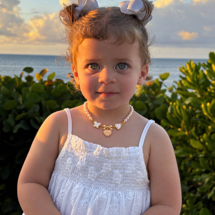 Girls’ Personalized Bow and Heart Pearl Name Necklace