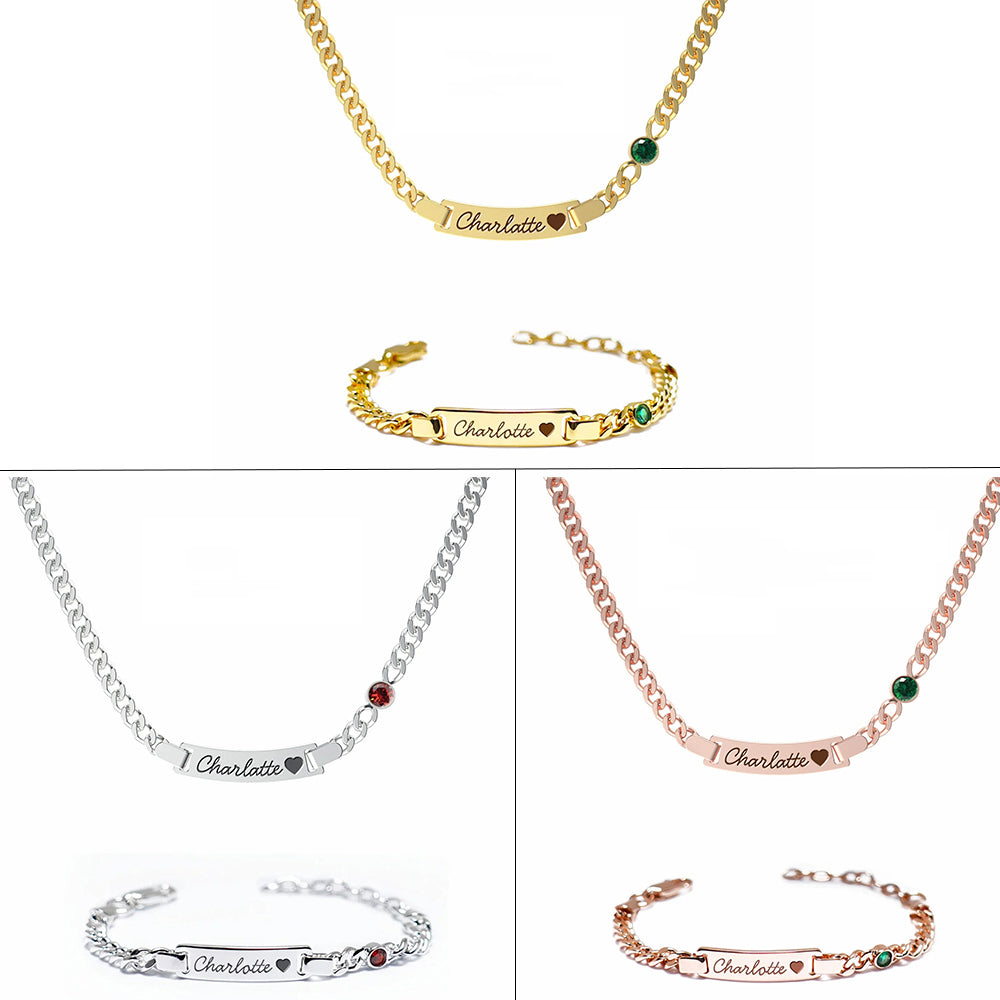 Personalisiertes Babynamen-Geburtsstein-Armband und Halskette im Set 