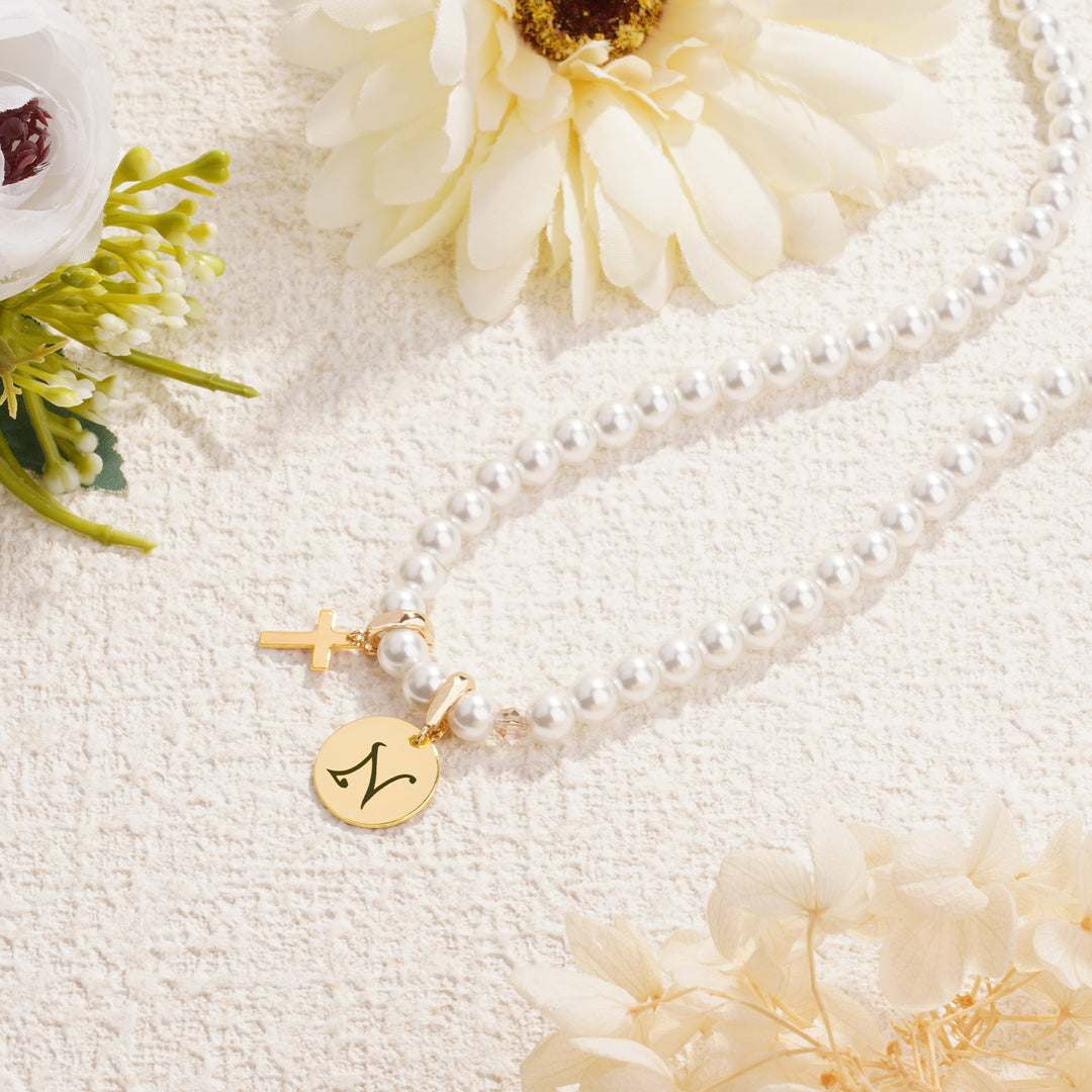 Personalized Girls Cross and Pearl Necklace with Initial