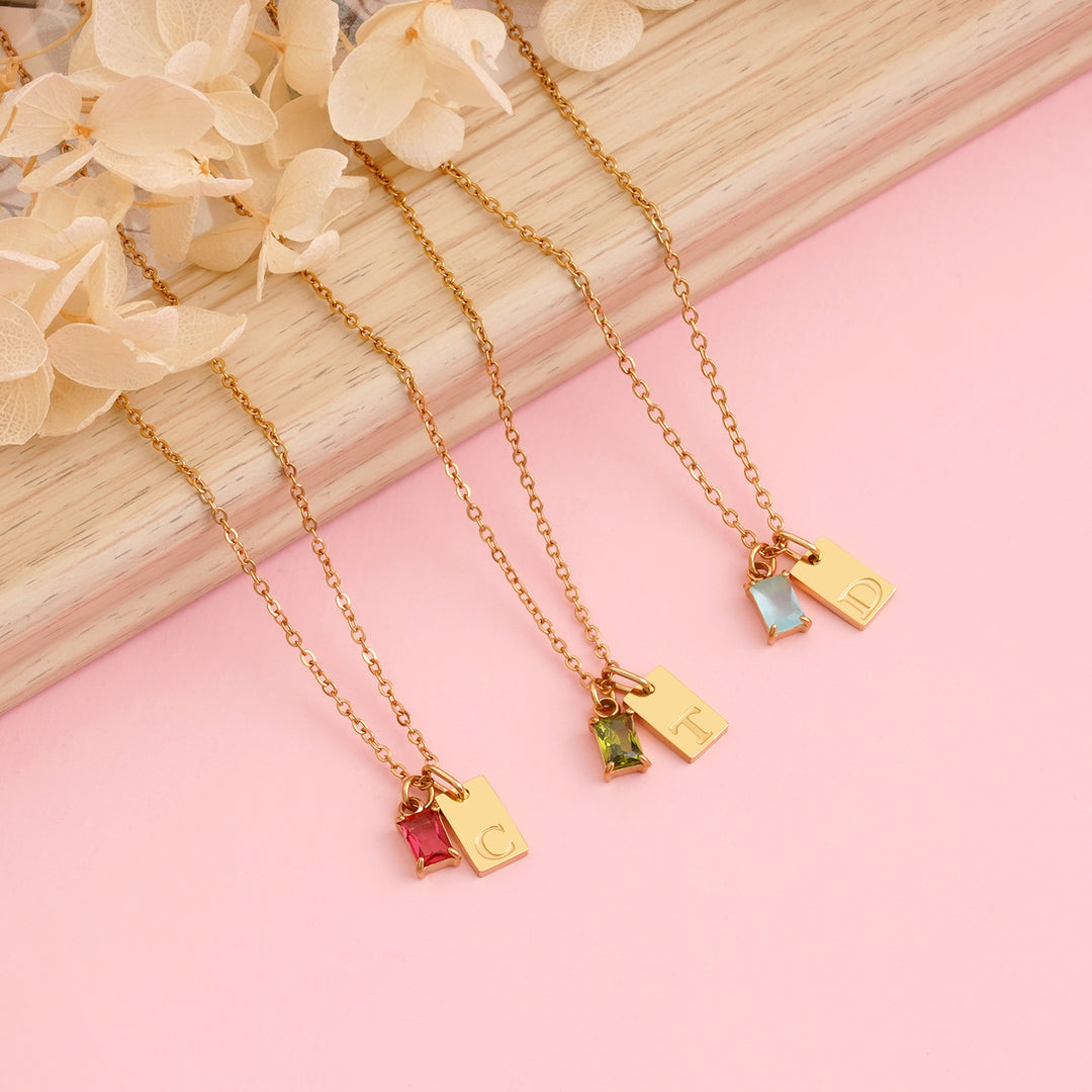 Personalized Initial and Birthstone Baguette Mommy & Me Necklace