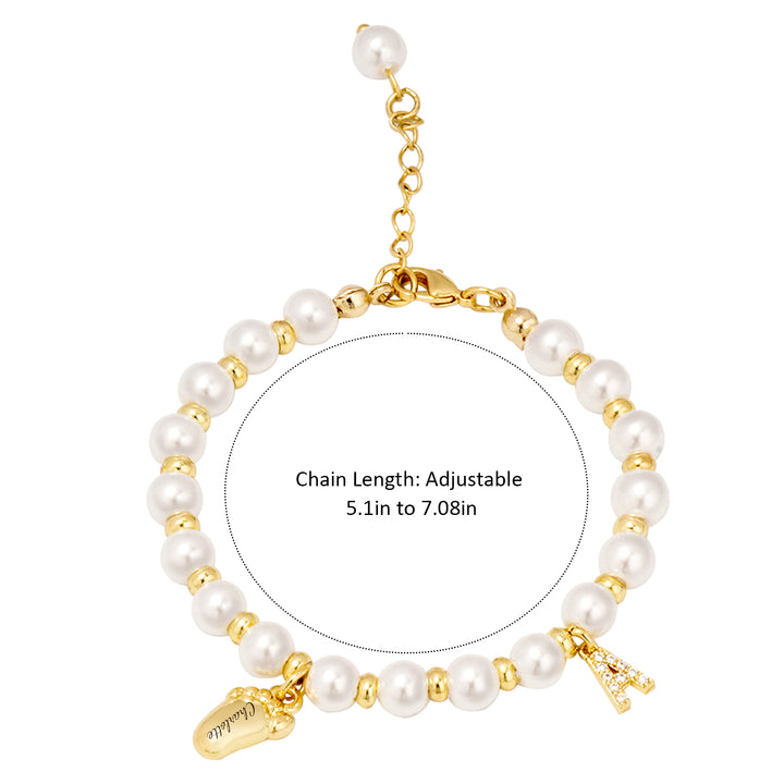 Baby Keepsake Pearl Bracelet with Name Foot and Initial Charm