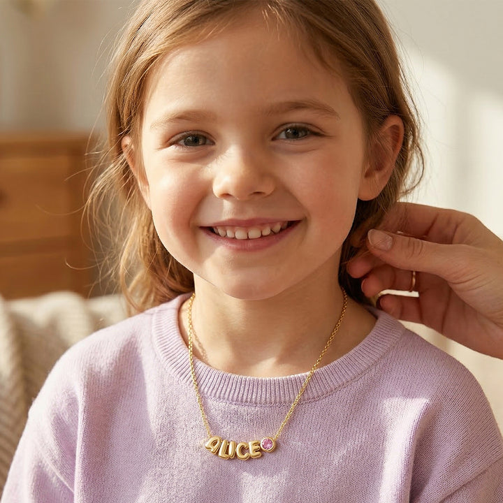 Custom Cute Letter Necklace for Kids with Birthstone or Charm