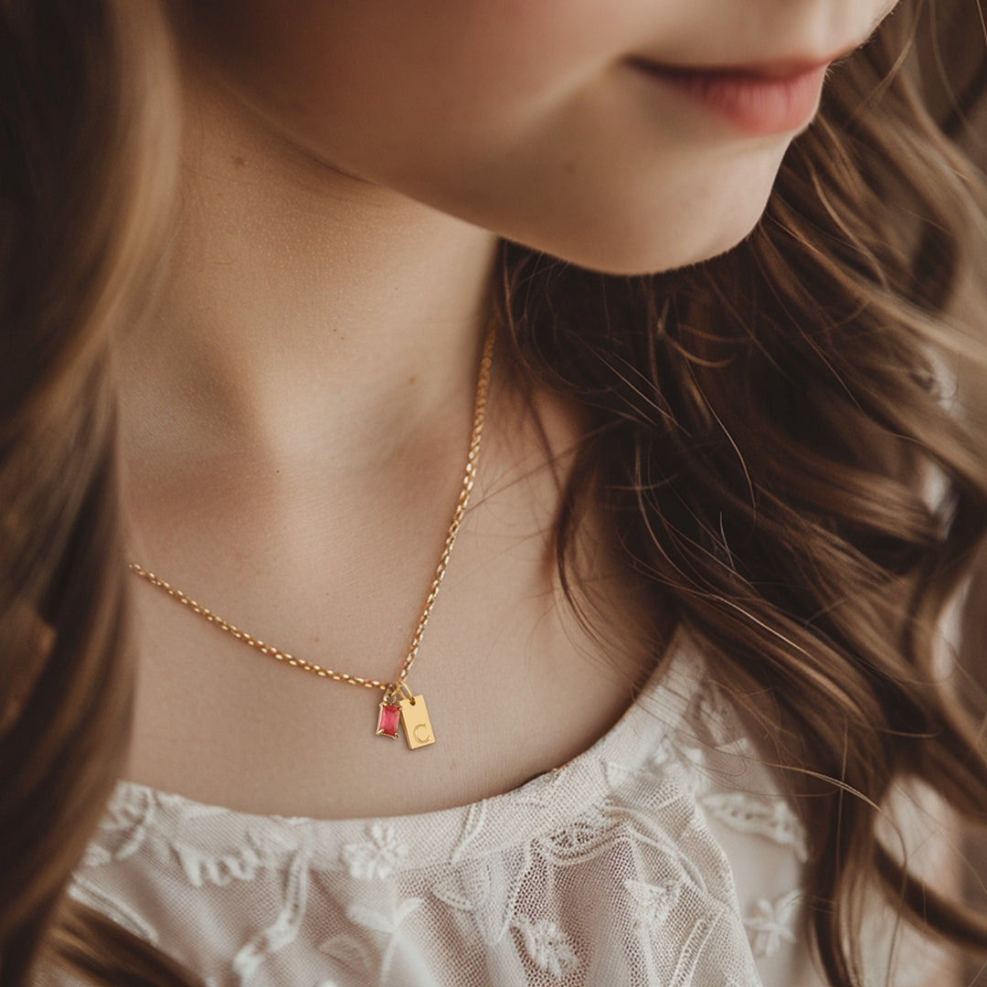 Personalized Initial and Birthstone Baguette Mommy & Me Necklace